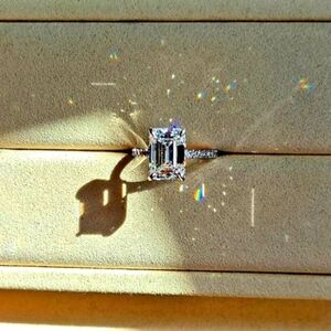 Solid 14k gold 4.3ct F VS1 lab emerald cut diamond ring with side lab diamond